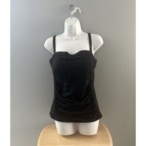 Lands End Womens Swim Top Size 12 Black Blouson Tummy Hiding Ruched Tankini